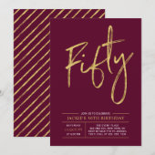 50歳 現代ゴールド＆バーガンディ 50歳誕生日パーティー 招待状 (正面/裏面)