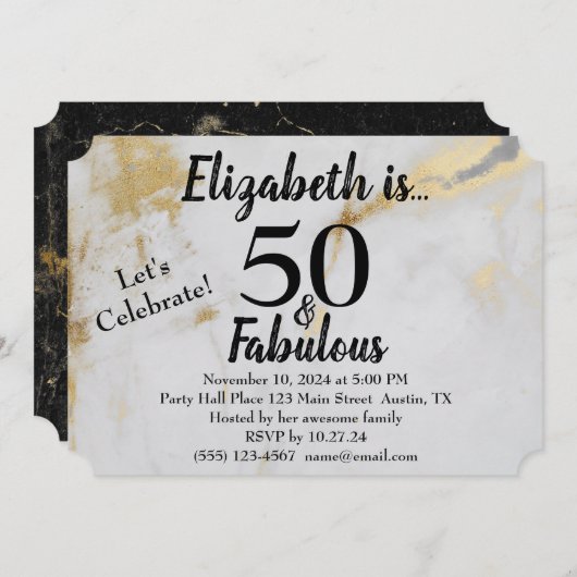 50歳 誕生日 ゴールド グレー マーブル 黒文字 招待状 (正面/裏面)