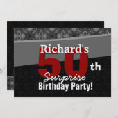 50番目のサプライズパーティーシルバーブラックとレッド 招待状 (正面/裏面)