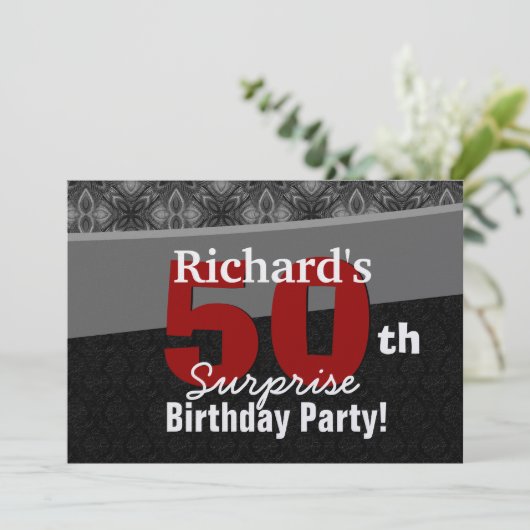 50番目のサプライズパーティーシルバーブラックとレッド 招待状 (スタンド正面)