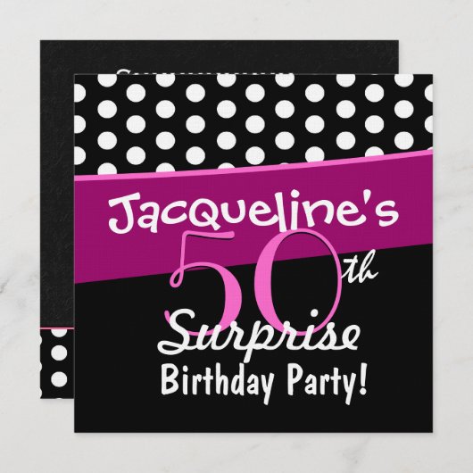 50番目のサプライズ誕生日水玉模様とピンクD541 招待状 (正面/裏面)