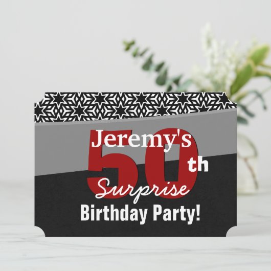 50番目のサプライズ誕生日黒い赤の白い星R231A 招待状 (スタンド正面)