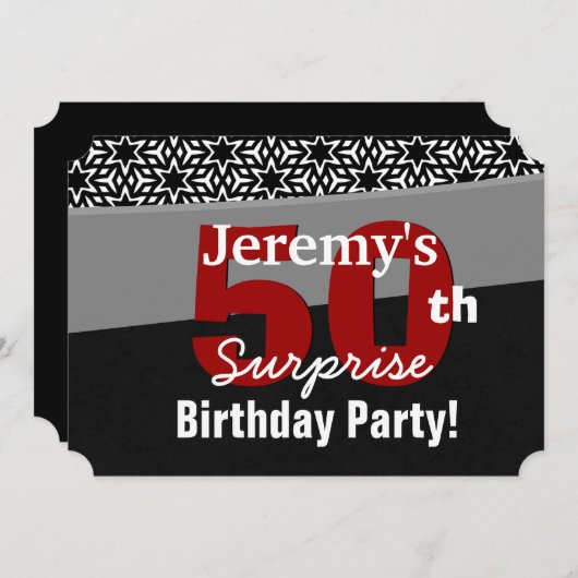 50番目のサプライズ誕生日黒い赤の白い星R231A 招待状 (正面/裏面)