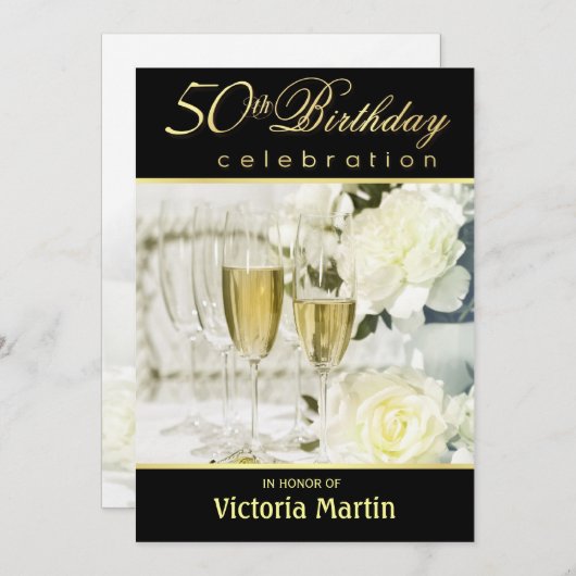 50番目のバースデーパーティ招待状-黒と金ゴールド 招待状 (正面/裏面)