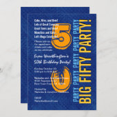 50番目のモダン誕生日の青と金ゴールド 招待状 (正面/裏面)