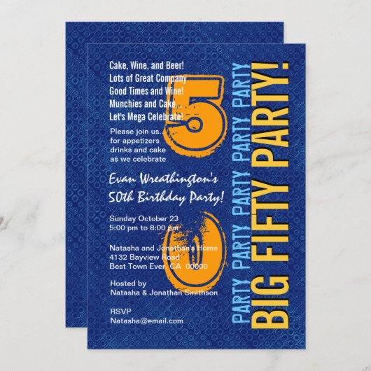 50番目のモダン誕生日の青と金ゴールド 招待状 (正面/裏面)