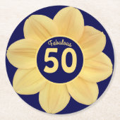 50番目の素晴らしい誕生日の青と黄のフローラ ラウンドペーパーコースター (正面)