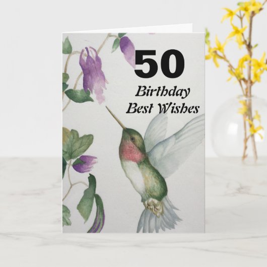 50番目の誕生日が最高のハミングバード50かわいらしを希望 カード (黄色い花)