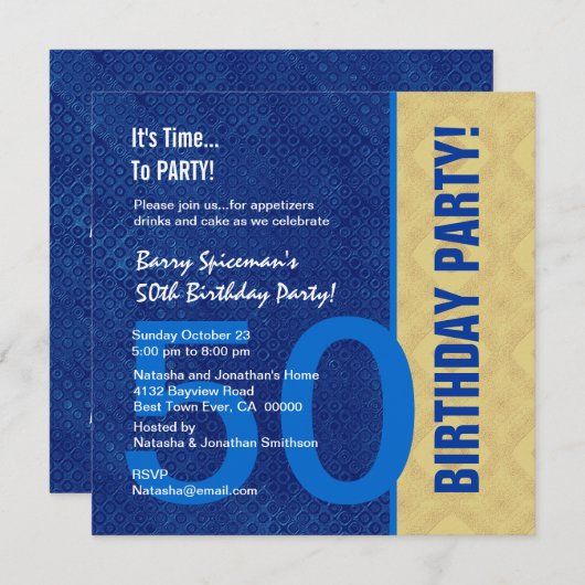 50番目の誕生日のモダン青と王室の金ゴールドV02 招待状 (正面/裏面)