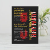 50番目の誕生日の赤いモダン金ゴールド(黒) 招待状 (スタンド正面)