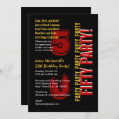 50番目の誕生日の赤いモダン金ゴールド(黒) 招待状 (正面/裏面)