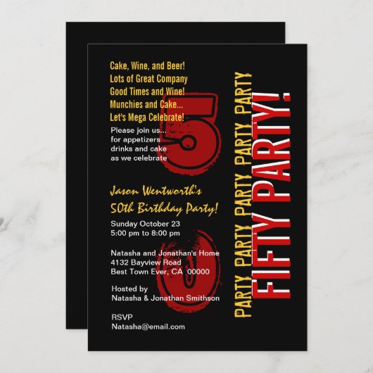 50番目の誕生日の赤いモダン金ゴールド（黒） 招待状 (正面/裏面)