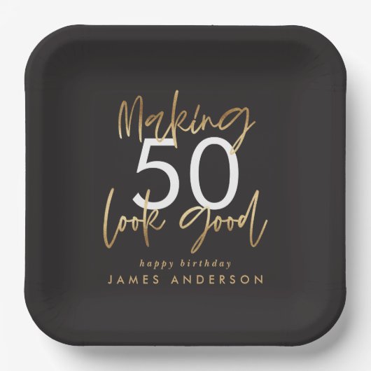 50番目の誕生日の黒と金ゴールドエレガントモダン ペーパープレート (正面)