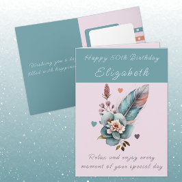 50番目の誕生日を追加する名前フローラ緑 カード