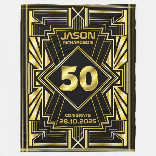50番目の誕生日アールデコ金ゴールドブラック・ギ素晴らしャツビー フリースブランケット (正面)
