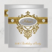 50番目の誕生日エレガントレースホワイト金ゴールドダイヤモンド3 招待状 (正面/裏面)