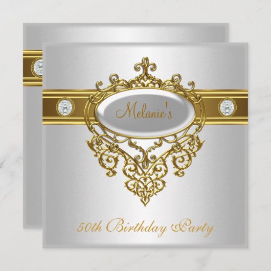 50番目の誕生日エレガントレースホワイト金ゴールドダイヤモンド3 招待状 (正面/裏面)