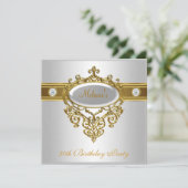 50番目の誕生日エレガントレースホワイト金ゴールドダイヤモンド3 招待状 (スタンド正面)