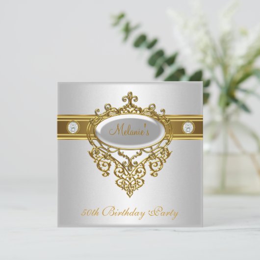 50番目の誕生日エレガントレースホワイト金ゴールドダイヤモンド3 招待状 (スタンド正面)