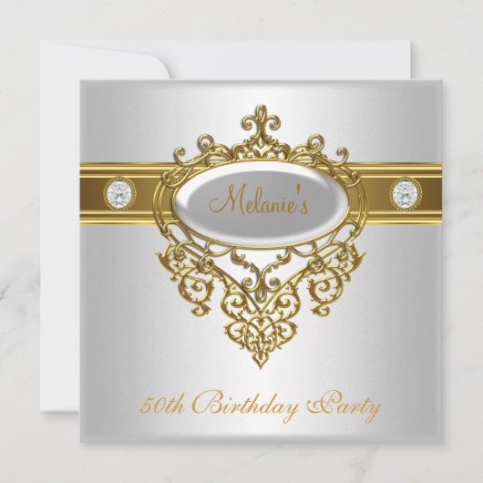 50番目の誕生日エレガントレースホワイト金ゴールドダイヤモンド3 招待状 (正面)