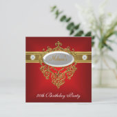 50番目の誕生日エレガントレースレッドホワイト金ゴールドダイヤモンド 招待状 (スタンド正面)