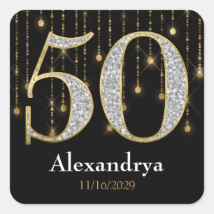50番目の誕生日ダイヤ金ゴールドありがとうメッセージカード スクエアシール