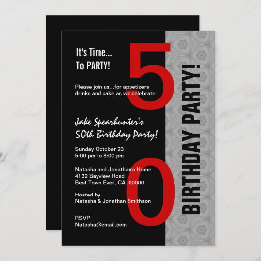 50番目の誕生日パモダンーツ赤銀色W1792A 招待状 (正面/裏面)