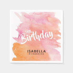 50番目の誕生日ピンクとオレンジの水色紙 スタンダードカクテルナプキン