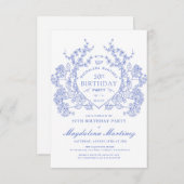 50番目の誕生日フランスのヴィンテージブルーフローラクレスト 招待状 (正面/裏面)