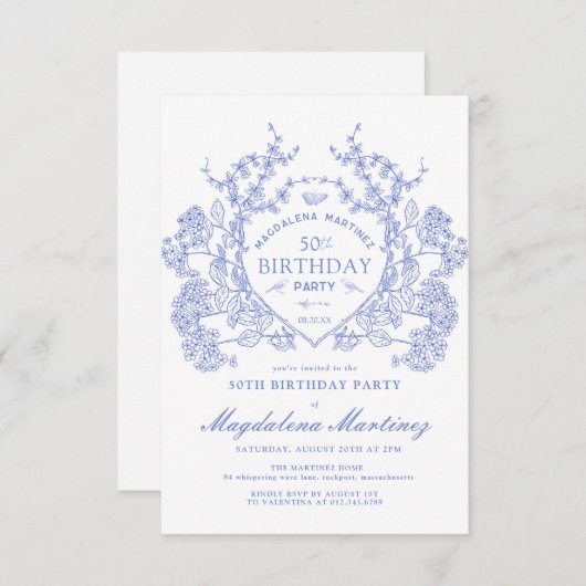 50番目の誕生日フランスのヴィンテージブルーフローラクレスト 招待状 (正面/裏面)