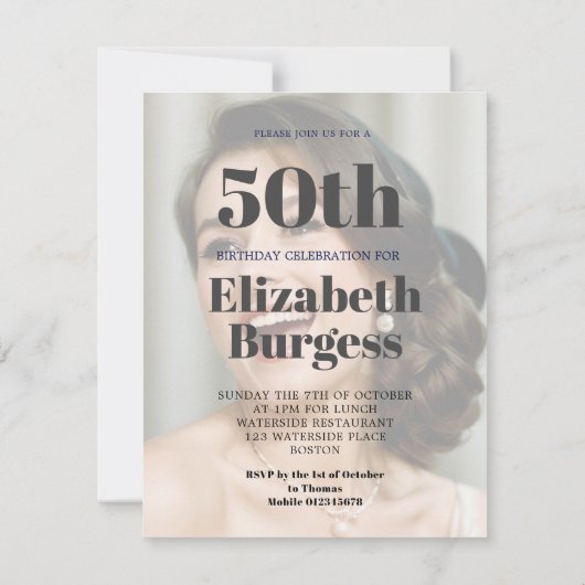 50番目の誕生日モダンフォトサプライズ 招待状 (裏面)