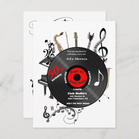 50番目の誕生日レコードミュージカル楽器パーティー 招待状 (正面/裏面)