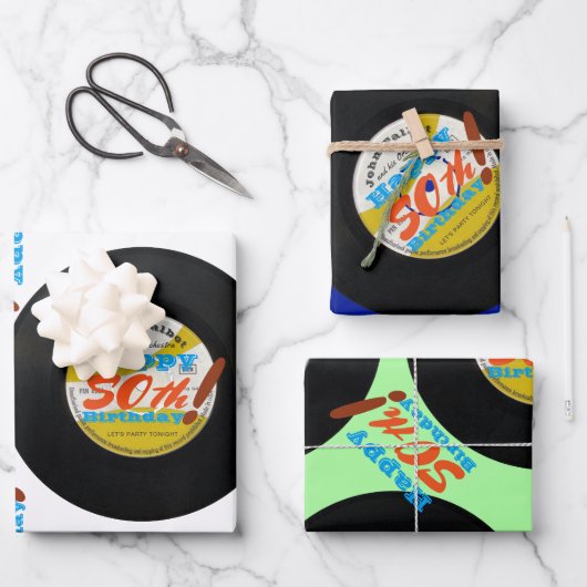 50番目の誕生日レトロビニールレコード45 RPM名WP2S3 ラッピングペーパーシート (正面)