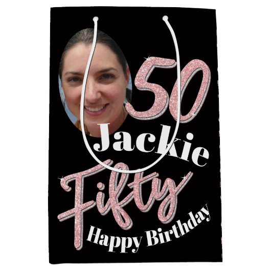 50番目の誕生日写真バラピンクカスタム  ミディアムペーパーバッグ (正面)