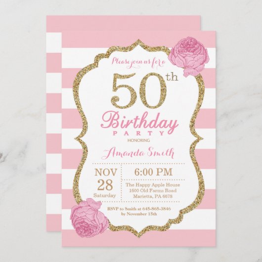 50番目の誕生日招待状ピンクと金ゴールドフローラ 招待状 (正面/裏面)