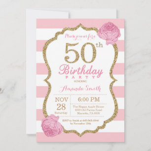 50番目の誕生日招待状ピンクと金ゴールドフローラ 招待状