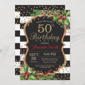 50番目の誕生日招待状。クリスマスレッドブラック金ゴールド 招待状 (正面/裏面)