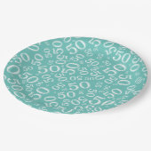 50番目の誕生日番号パターンティール(緑がかった色)/白 ペーパープレート (アングル)