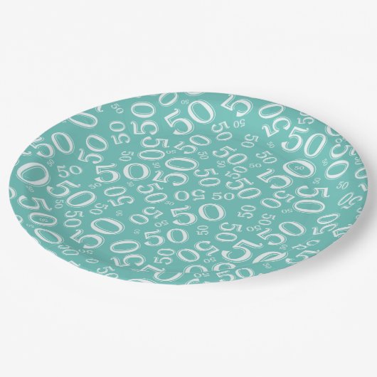 50番目の誕生日番号パターンティール（緑がかった色）/白 ペーパープレート (アングル)