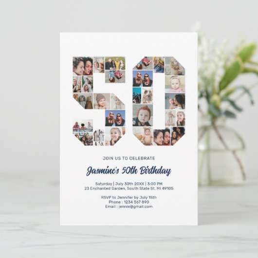 50番目の誕生日番号50カスタムフォトコラージュ 招待状 (スタンド正面)