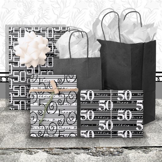 50番目の誕生日白黒ストライプの種類 ラッピングペーパーシート