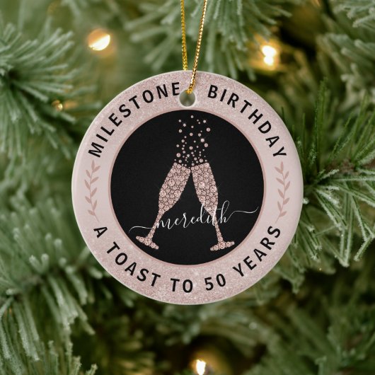 50番目の誕生日赤面グリッターシャンパントースト名 セラミックオーナメント (ツリー)