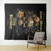 50番目の誕生日金ゴールドスカルバラハローウィンパーティ標識 タペストリー (インサイチュ(横))