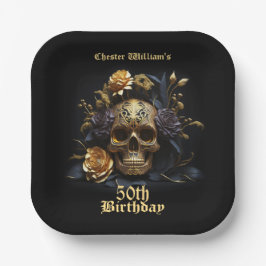 50番目の誕生日金ゴールドスカルバラハローウィンパーティ ペーパープレート