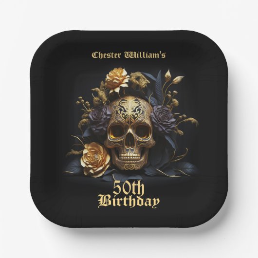 50番目の誕生日金ゴールドスカルバラハローウィンパーティ ペーパープレート (正面)