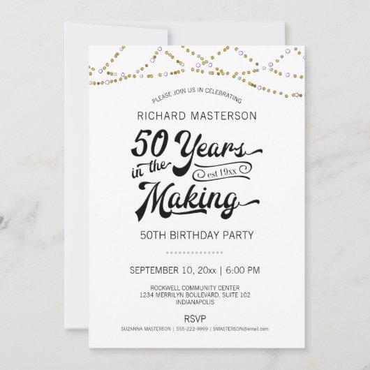 50番目の誕生日金ゴールドストリングライト 招待状 (正面)