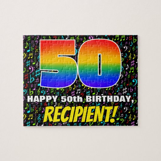50番目の誕生日:おもしろい、カラフル音楽シンボル、「50」 ジグソーパズル (横)