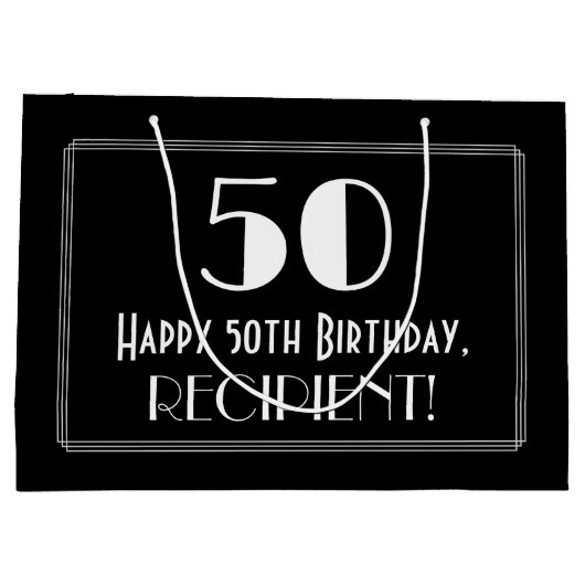 50番目の誕生日:インスパイアアールデコスタイル「50」、名前 ラージペーパーバッグ (裏面)