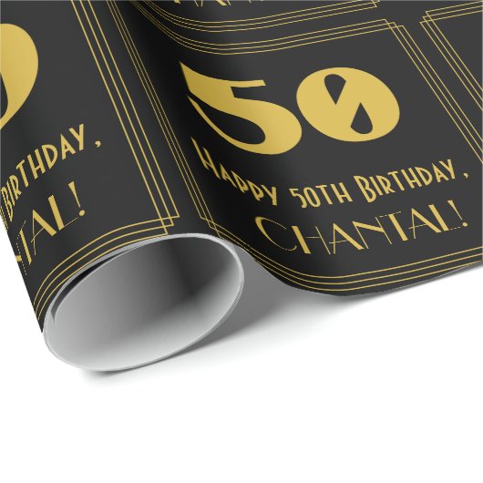 50番目の誕生日-インスパイアアールデコ「50」の外観と名前 ラッピングペーパー (ロールコーナー)
