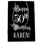 50番目の誕生日: ファンシー、スクリプエレガントト+名前をカスタムする ミディアムペーパーバッグ (正面)